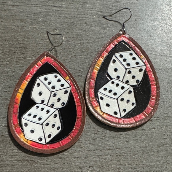 5/$25 Leather Roll the Dice Teardrop Earrings - Picture 1 of 6